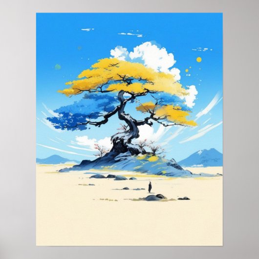 Zen Solitude: Minimalist Golden Tree  Poster (Vorne)