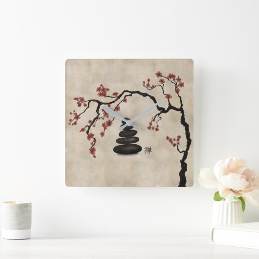 Zen Steine Sakura Baum Quadratische Wanduhr (Zuhause)
