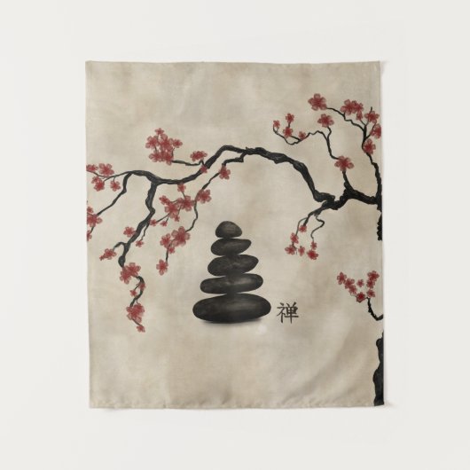 Zen Steine Sakura Baum Wandteppich (Vorderseite)