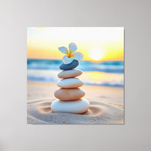 Zen-Steine und Plumeria-Strand-Sonnenuntergang-Lei Leinwanddruck