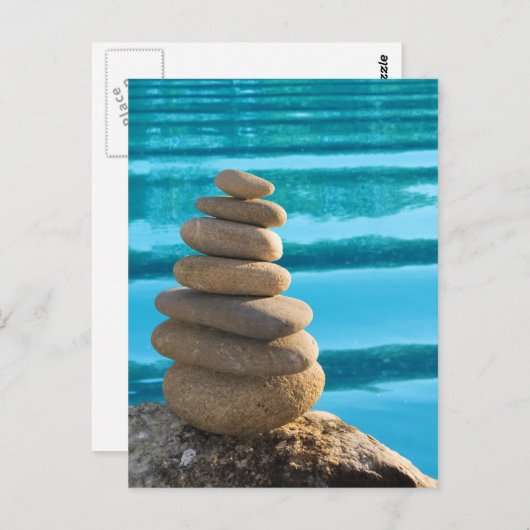Zen stone tower with blue water postcard postkarte (Vorne/Hinten)