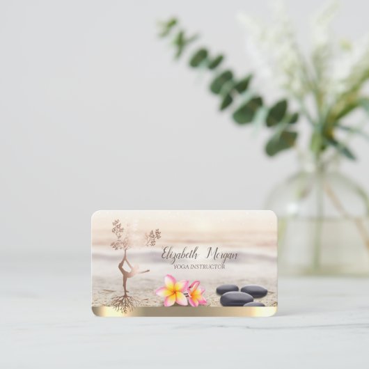 Zen Stones, Blume, Rose Gold Tree Frauen Silhouett Visitenkarte (Stehend Vorderseite)