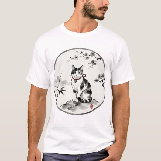 Zen Sumi-e Style Ink Wash Cat Art T-Shirt (Vorderseite)