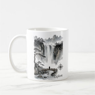 Zen Wasserfall Berg Tinte Kunst Erkundungskompass Kaffeetasse