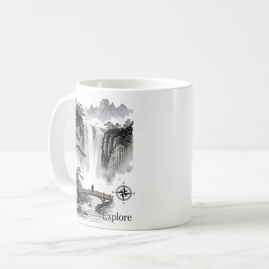 Zen Waterfall Mountain Ink Art Explore Compass Kaffeetasse (Vorderseite Links)
