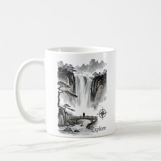 Zen Waterfall Mountain Ink Art Explore Compass Kaffeetasse (Links)
