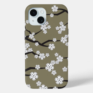 Zen White Sakura Cherry Blossom Blume auf Grau iPhone 15 Hülle