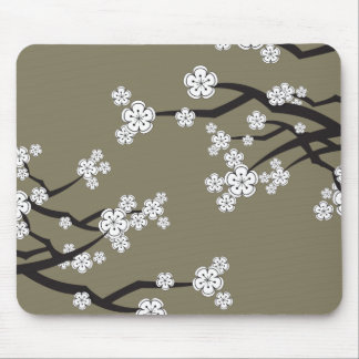 Zen White Sakura Cherry Blossom Blume auf Grau Mousepad