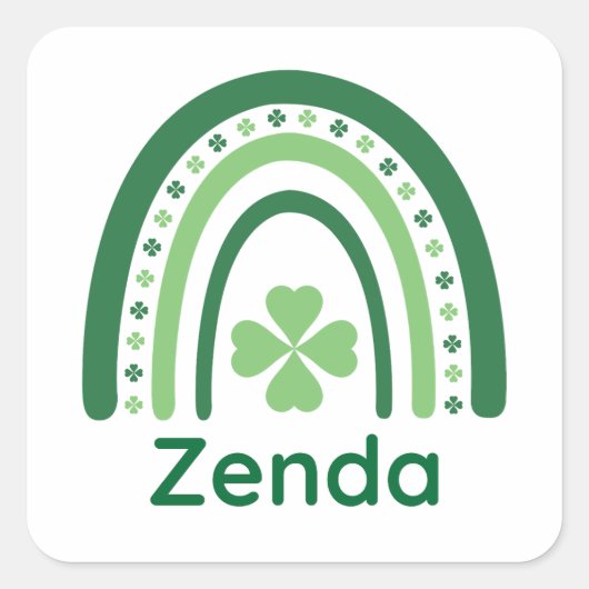 Zenda Name Clover Boho Rainbow Quadratischer Aufkleber (Vorderseite)