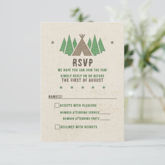 Zent Leinwand Camping Bar Mitzvah RSVP Karte (Stehend Vorderseite)