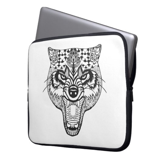 Zentangle inspirierte Wolf Laptopschutzhülle (Vorderseite Links)