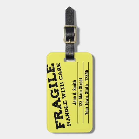 Zerbrechlich, Griff sorgfältig, gelb Gepäckanhänger (Vorderseite vertikal)