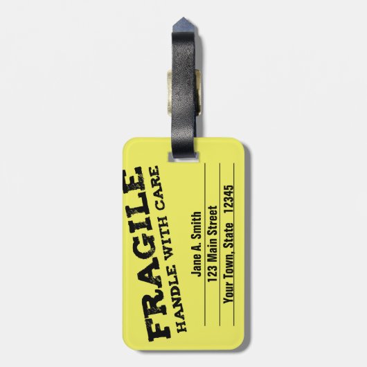 Zerbrechlich, Griff sorgfältig, gelb Gepäckanhänger (Rückseite vertikal)