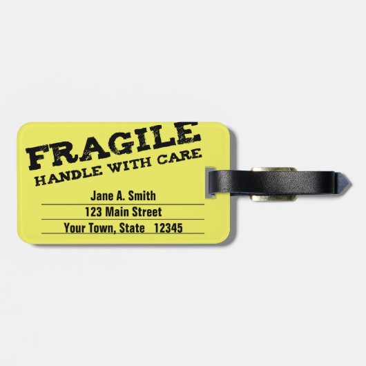 Zerbrechlich, Griff sorgfältig, gelb Gepäckanhänger (Rückseite horizontal)
