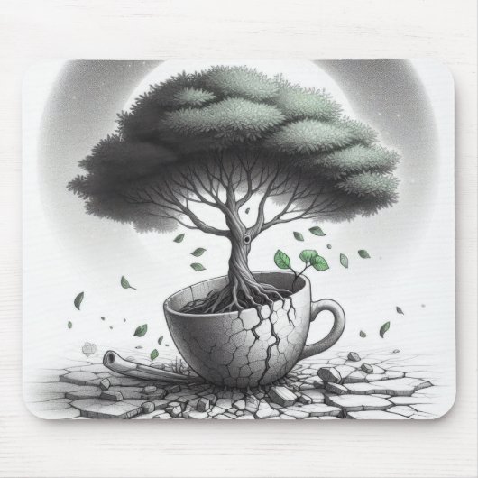 Zerbrochene Tasse mit Baum. Mousepad (Vorne)