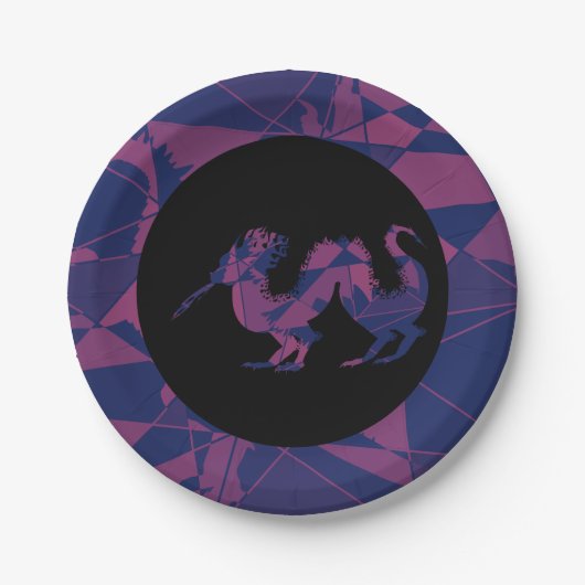 Zerbrochener blauer roter chinesischer Drache Pappteller (Vorderseite)