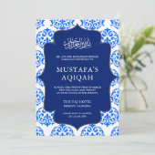 Zeremonie für Blaue und Weiße Damast Einladung (Stehend Vorderseite)