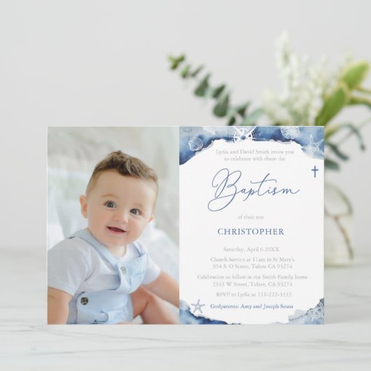 Zeremonie für blaue und weiße Taufe Einladung (Stehend Vorderseite)