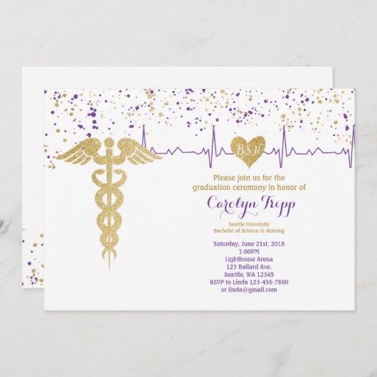 Zeremonie für den Abschluss, BSN-Lila und Gold Einladung (Vorne/Hinten)