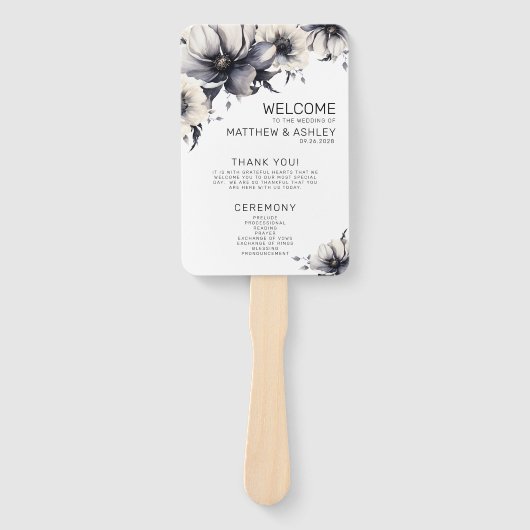 Zeremonie Programm Schwarz-weiße Blumenhochzeit Fächer (Vorderseite)