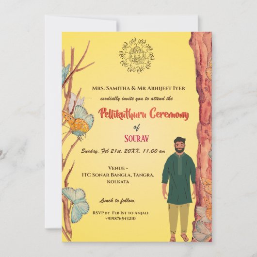 Zeremonie Südindischer Hindu Groom Pellikuthuru Einladung (Vorderseite)