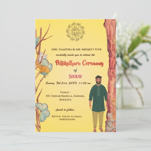 Zeremonie Südindischer Hindu Groom Pellikuthuru Einladung (Stehend Vorderseite)