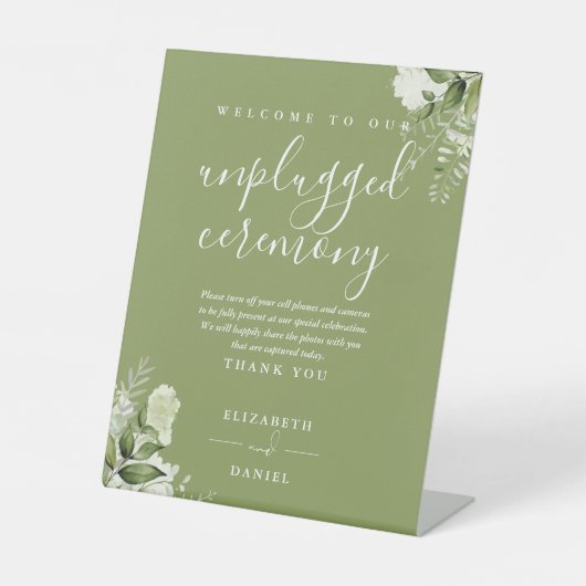 Zeremonie von Moss Green Floral Greenery gestopft Sockelschild (Vorderseite)