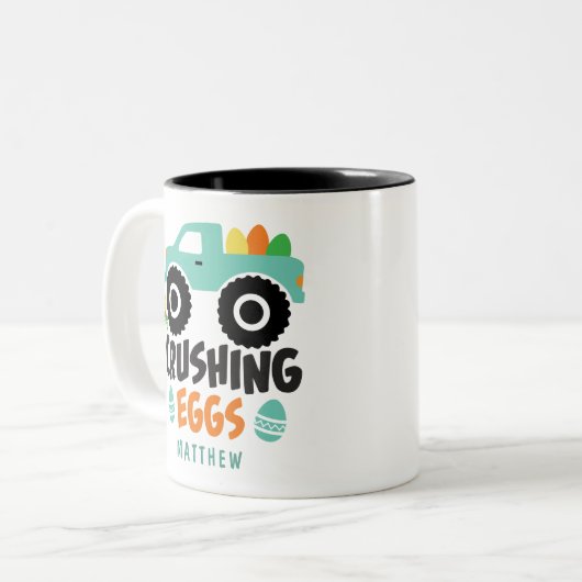 Zerkleinern von Eiern Cool Moderner Osterhubwagen  Zweifarbige Tasse (Vorderseite Links)
