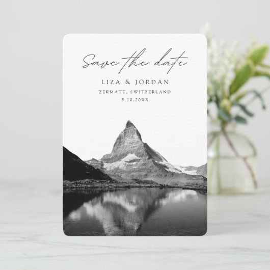 Zermatt Save the Date Schweiz Schwarz & Weiß Einladung (Stehend Vorderseite)