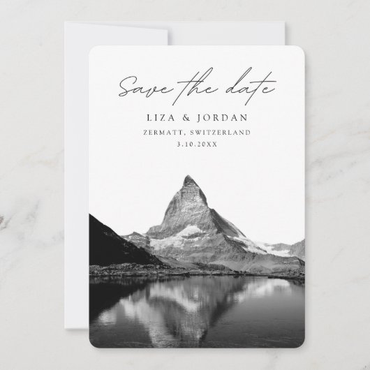 Zermatt Save the Date Schweiz Schwarz & Weiß Einladung (Vorderseite)