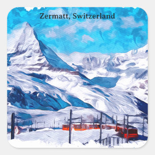 Zermatt Schweiz Schweizer Alpen Winter Wasserfarbe Quadratischer Aufkleber