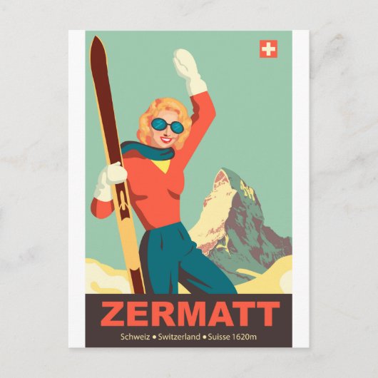 Zermatt Ski Mädchen, Schweiz Postkarte (Vorderseite)