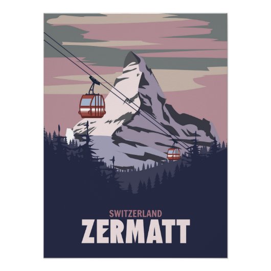 Zermatt Ski Resort Poster, Retro Alpes Winter Poster (Vorderseite)