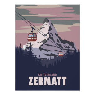 Zermatt Skigebiet Poster, retro Alpen Winter Poster