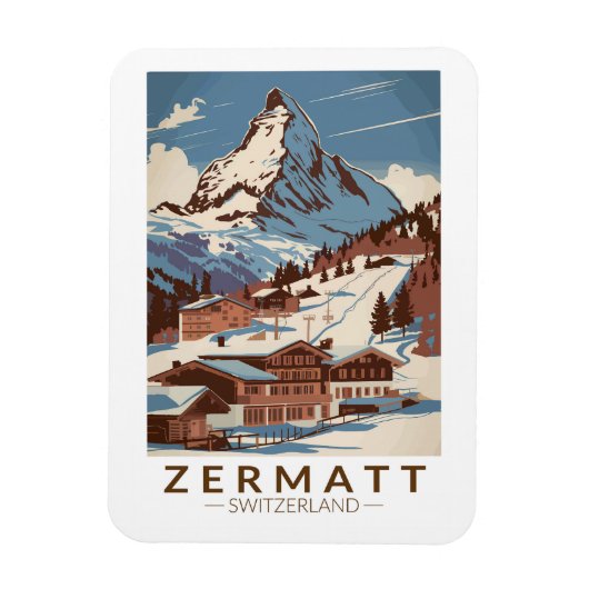 Zermatt Switzerland Illustration Reisen Art Retro Magnet (Vertikal)