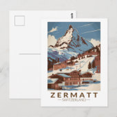 Zermatt Switzerland Illustration Reisen Art Retro Postkarte (Vorne/Hinten)