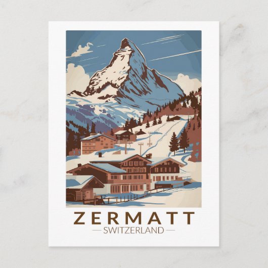 Zermatt Switzerland Illustration Reisen Art Retro Postkarte (Vorderseite)