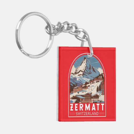 Zermatt Switzerland Illustration Reisen Art Retro Schlüsselanhänger (Vorderseite links)