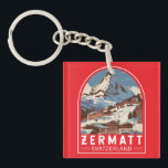 Zermatt Switzerland Illustration Reisen Art Retro Schlüsselanhänger<br><div class="desc">Zermatt Retrovektor-Reisedesign. Zermatt,  im Kanton Südschweiz,  ist ein Bergrestaurant,  das für Ski,  Klettern und Wandern bekannt ist.</div>
