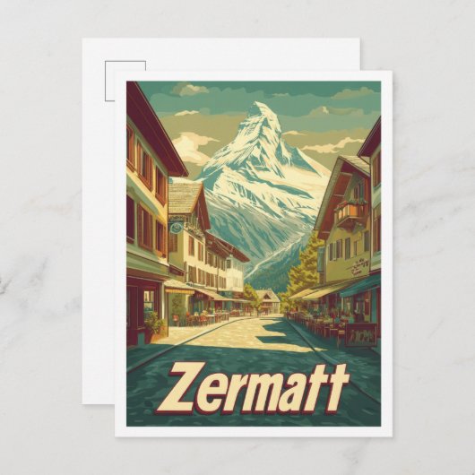 Zermatt Switzerland Vintage Travel Illustration Postkarte (Vorne/Hinten)