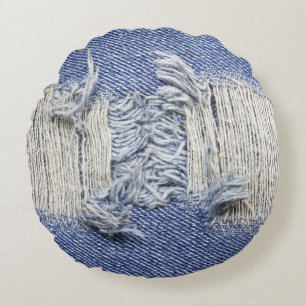 Zerrissene blaue Denim: Jeans Textur. Rundes Kissen