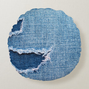 Zerrissene Denim-Stofftextur, blaue Farbtöne. Rundes Kissen