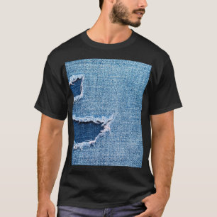 Zerrissene Denim-Stofftextur, blaue Farbtöne. T-Shirt