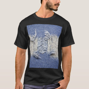 Zerrissener blauer Denim: Jeans Textur. T-Shirt