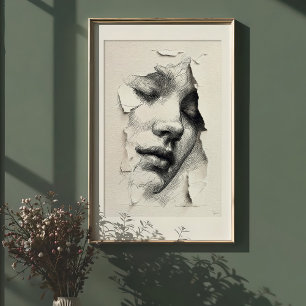 Zerschlagene Ruhe: Monochrome Linienkunst Gesicht Poster