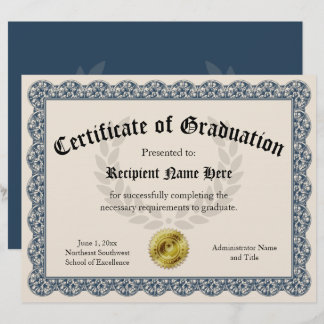 Zertifikat für Abschluss Blue Customizable 8.5x11