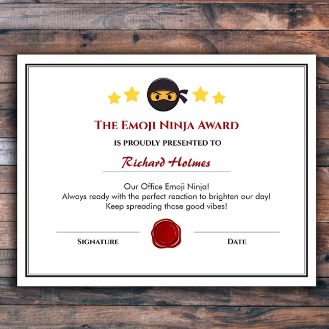 Zertifikat für den "Fun Employee Award" - Sozialdi (Custom Emoji Ninja Fun Employee Award Certificate)