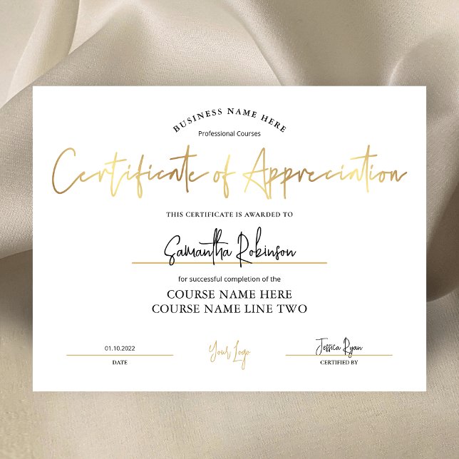 Zertifikat für die Anerkennung von Imitate Gold Aw (Elegant white and faux gold Certificate of Appreciation design, perfect to create custom awards)