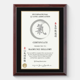 Zertifikat für Qi Gong-Instruktoren Awardplakette