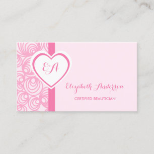 Zertifizierte Beautician Girly Pink Heart Monogram Visitenkarte